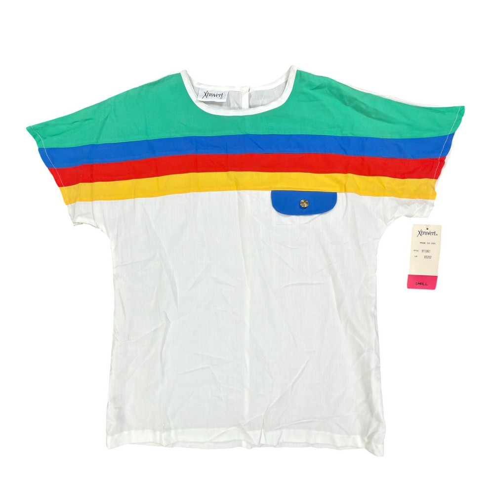 Xtrovert Vintage 80s Rainbow Stripe Top Womens Small White Deadstock NWT USA